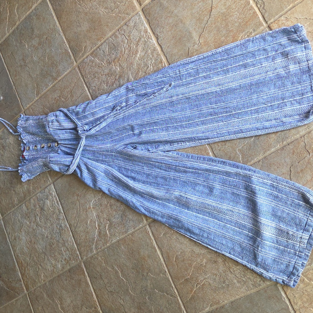 Guess Blue Striped Chambray Jumpsuit with Wide-Leg Design - Picture 7 of 17